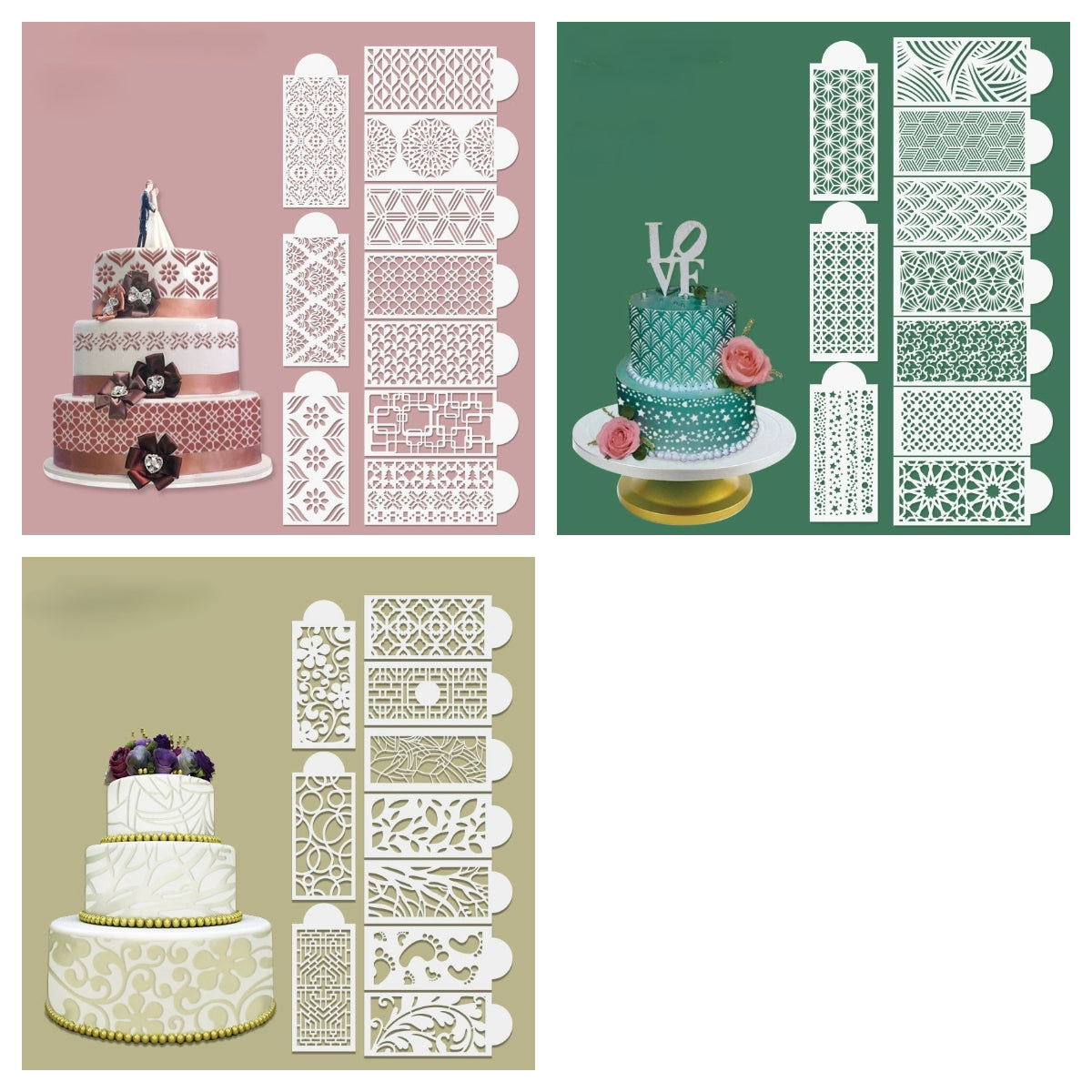 【3 sablonkészlet - 30 stílus】Díszítő stencilek torta széleinek díszítéséhez - különféle kivitelek, cukrászati kellékek, festés és szórással.