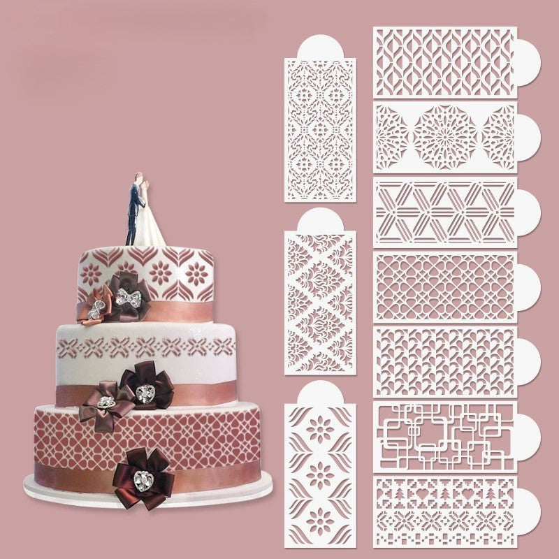 【3 sablonkészlet - 30 stílus】Díszítő stencilek torta széleinek díszítéséhez - különféle kivitelek, cukrászati kellékek, festés és szórással.
