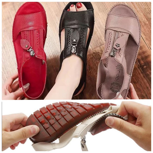 【30%OFF】 [35-43] Új stílusú, valódi bőr puha talpú csúszásmentes lapos szandál