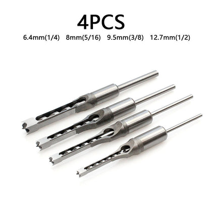 🔧🔧【4 db】 Négyzet alakú lyukfúró fához, 4 db famegmunkáló fúrószár, (Méret: 6,4 mm/8 mm/9,5 mm/12,7 mm)